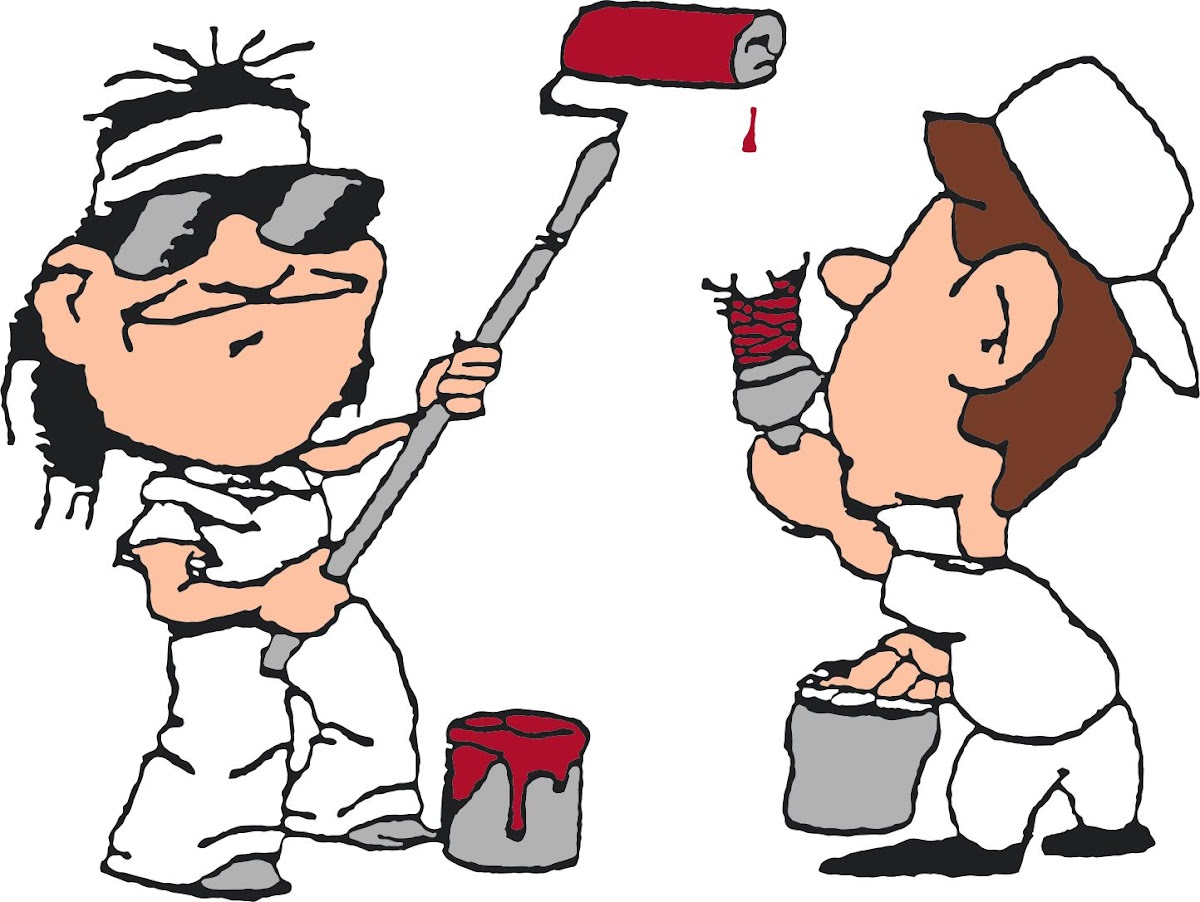 The H B Painters logo: two painters, one in glasses, with a red roller. The one in glasses is Stacy.